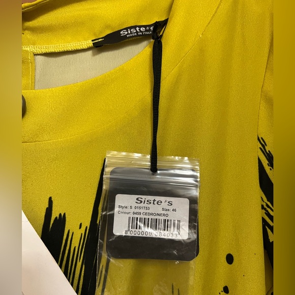 Siste’s Italian Long Sleeve Black and bright yellow-ish Green print Dress - Picture 3 of 6